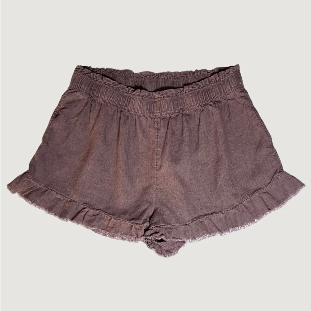 Aerie Linen Blend Ruffle Hem Shorts Large Brown High Rise Coastal Cottagecore